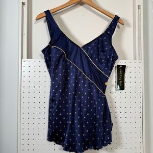 Vintage Robby Len Swimsuit Women's Navy Gold Button One Piece USA Made - 14 NWT